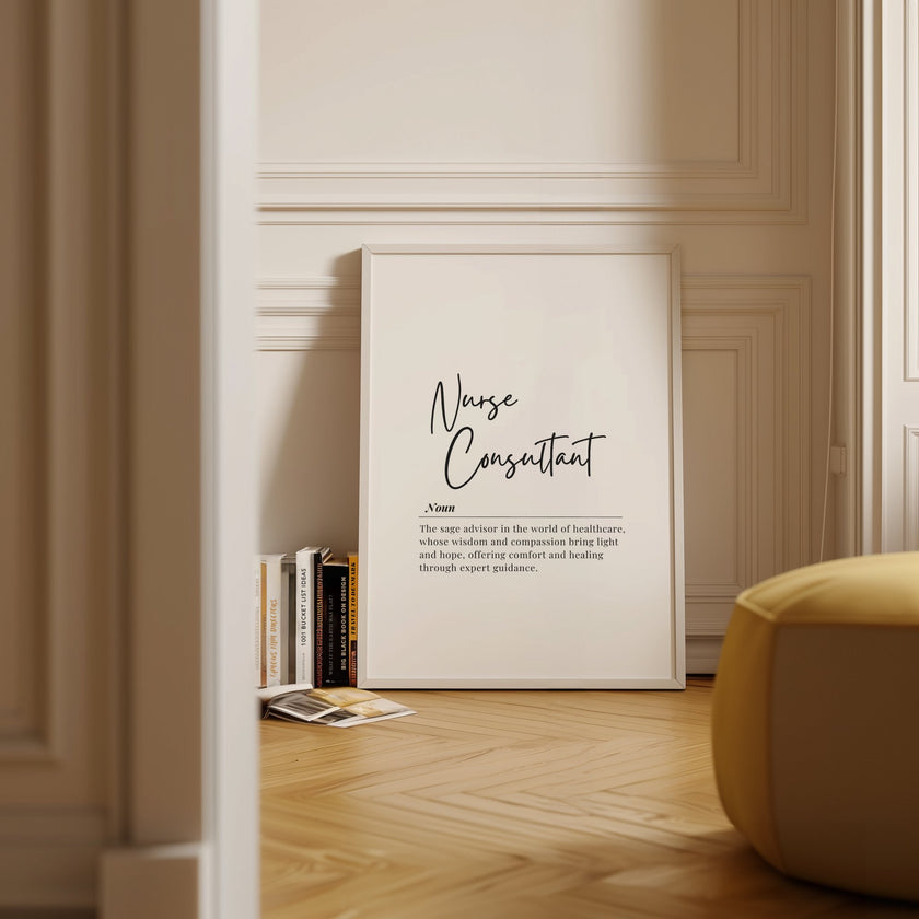 Clean, modern typography featuring 'Nurse Consultant' in elegant script font with definition text in serif style against white background, creating a sophisticated, minimalist design for professional healthcare spaces.