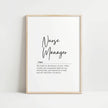 Black script text on white background displaying 'Nurse Manager' definition, featuring elegant typography that highlights leadership, wisdom, and compassion in healthcare environments
