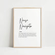 Modern typography print featuring 'Nurse Navigator' definition in sleek black script on white background with clean lines and minimalist design, ideal for healthcare settings.