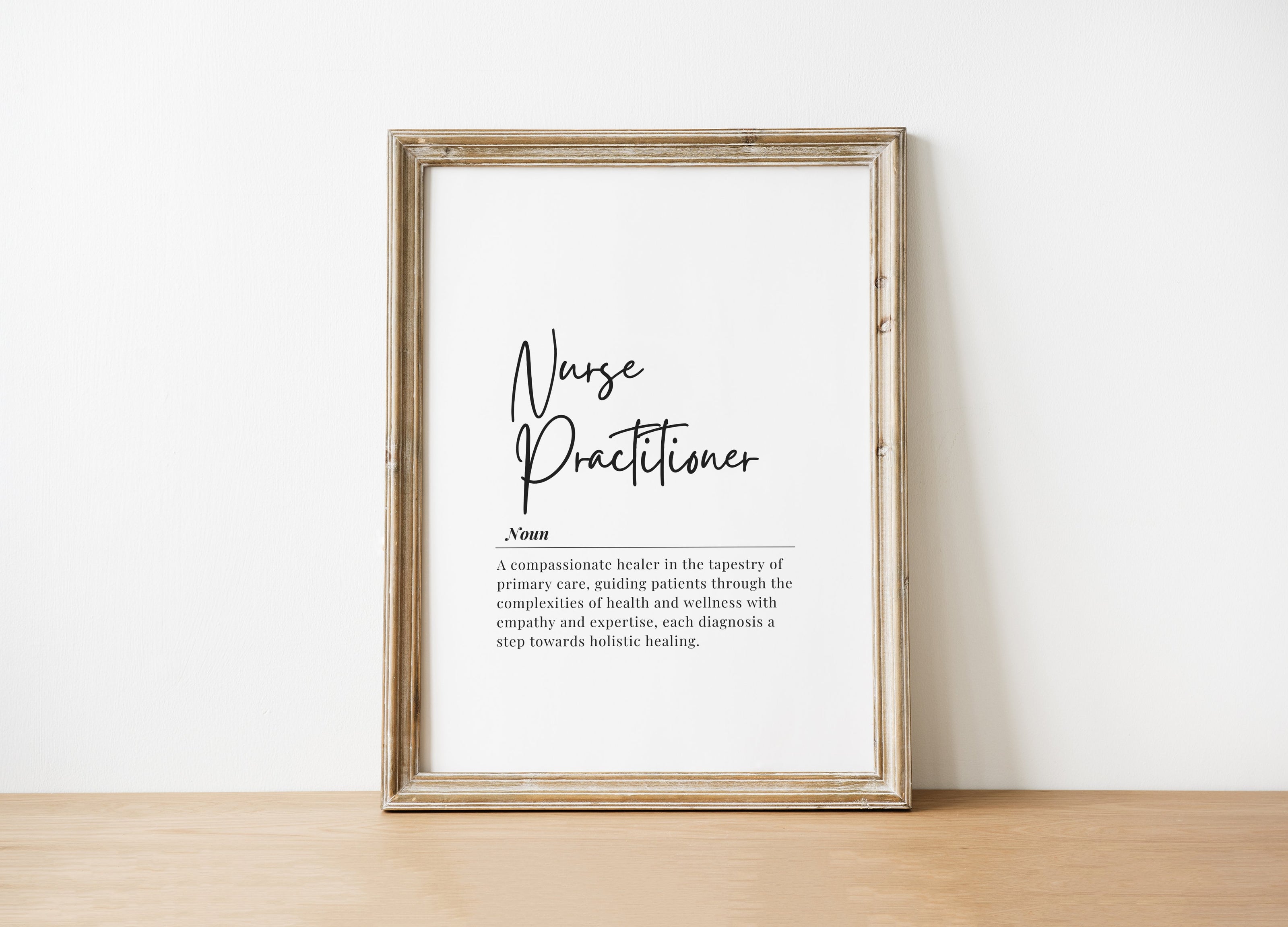 Minimalist typography print featuring 'Nurse Practitioner' in flowing script with definition text in black serif font on white background, creating a calming professional aesthetic ideal for clinical settings.