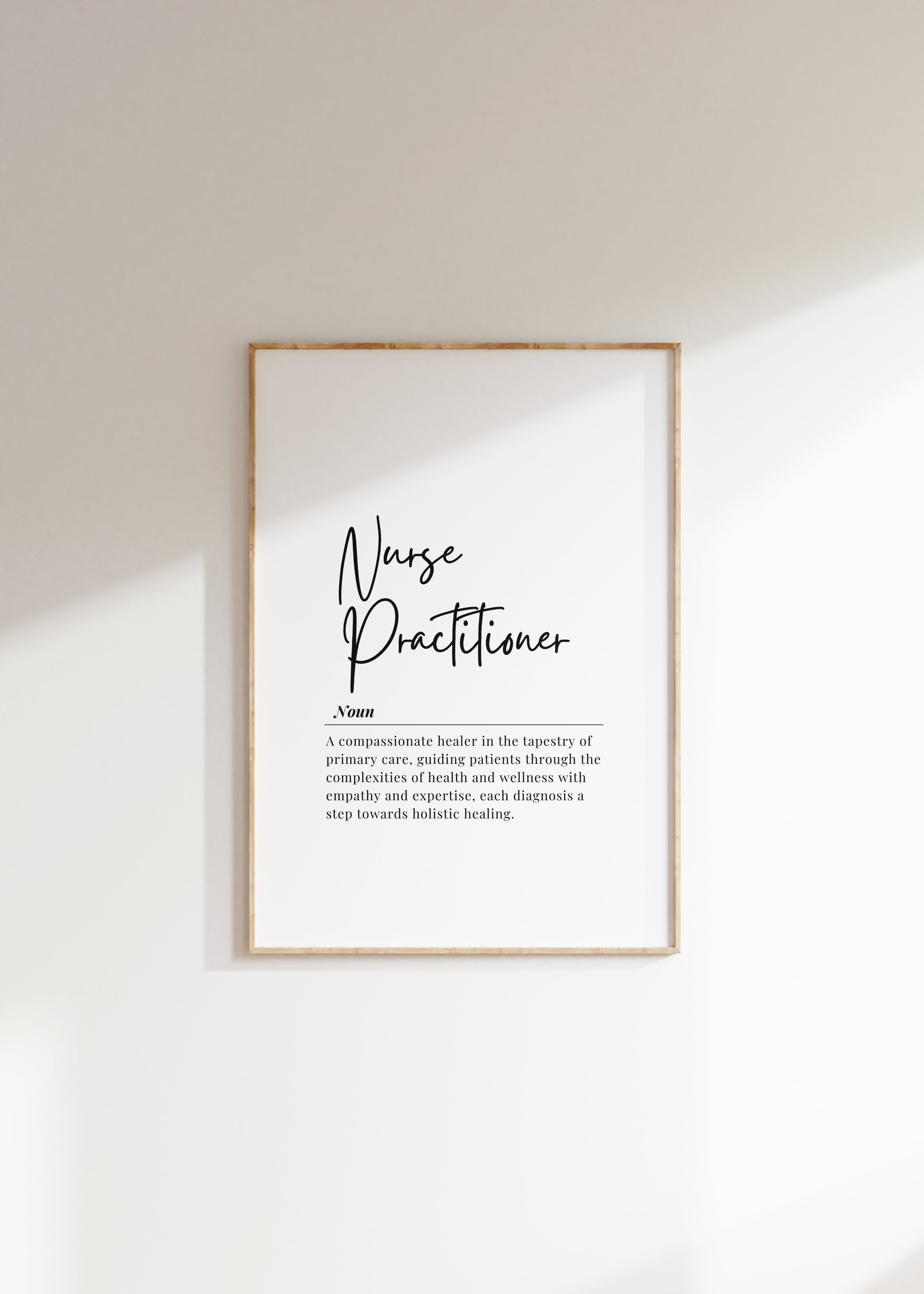 Minimalist typography print featuring 'Nurse Practitioner' in flowing script with definition text in black serif font on white background, creating a calming professional aesthetic ideal for clinical settings.