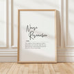 Minimalist black and white typographic print featuring 'Nurse Researcher' definition in elegant script and sans-serif fonts against a clean white background, perfect for professional healthcare settings.