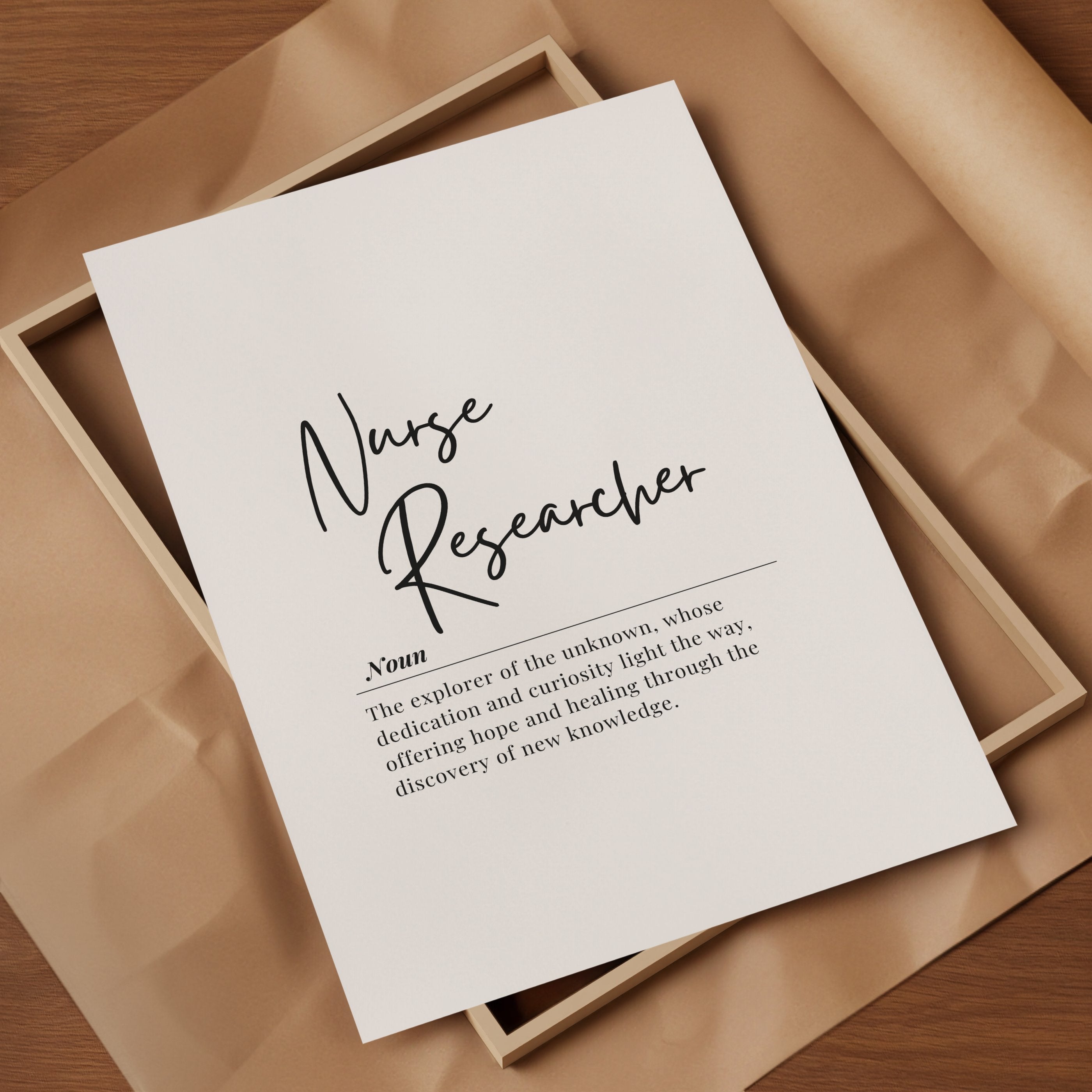 Minimalist black and white typographic print featuring 'Nurse Researcher' definition in elegant script and sans-serif fonts against a clean white background, perfect for professional healthcare settings.