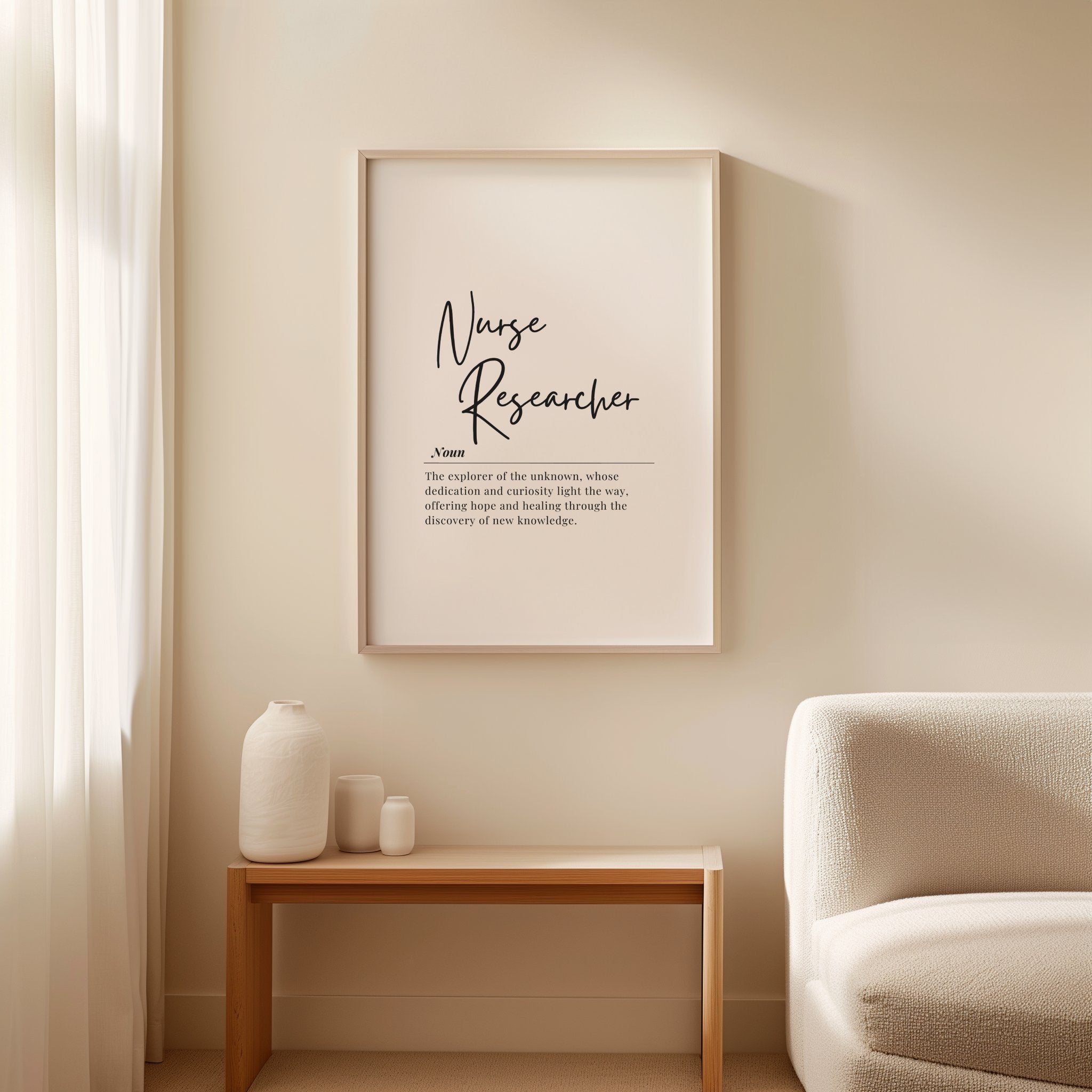 Minimalist black and white typographic print featuring 'Nurse Researcher' definition in elegant script and sans-serif fonts against a clean white background, perfect for professional healthcare settings.
