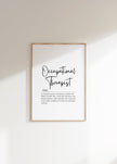 Elegant typography print featuring 'Occupational Therapist' in bold cursive script against white background with inspirational definition text in delicate serif font, perfect for professional office spaces.