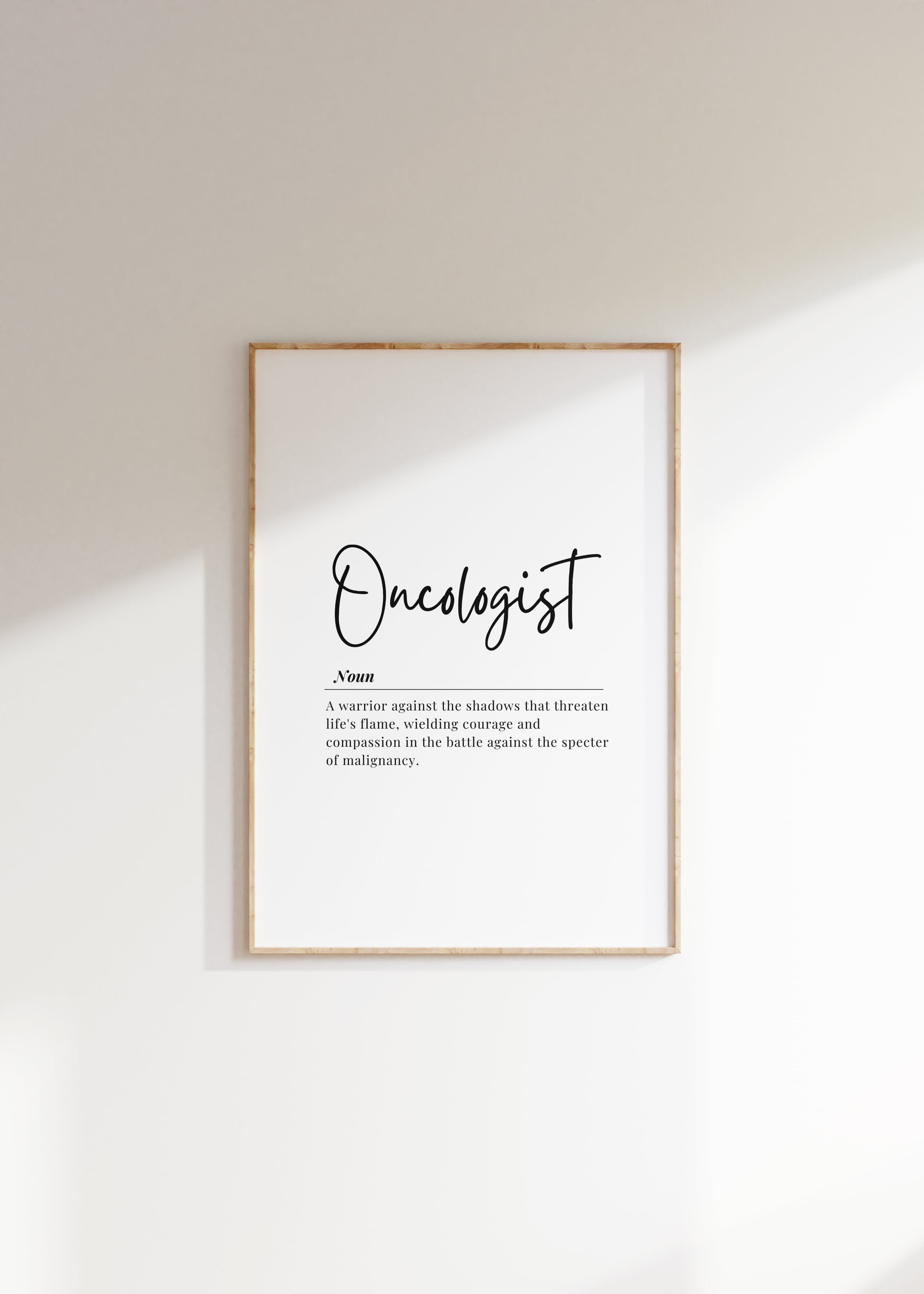 Modern black typography on white background defining 'Oncologist' with inspirational text about courage and compassion, presented in an elegant minimalist style with ample white space and clean lines.