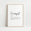 Modern black typography on white background defining 'Oncologist' with inspirational text about courage and compassion, presented in an elegant minimalist style with ample white space and clean lines.
