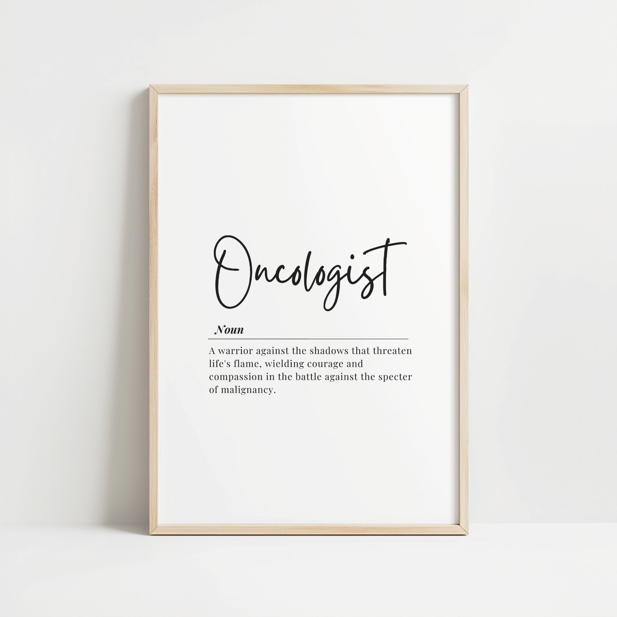 Modern black typography on white background defining 'Oncologist' with inspirational text about courage and compassion, presented in an elegant minimalist style with ample white space and clean lines.