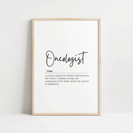 Modern black typography on white background defining 'Oncologist' with inspirational text about courage and compassion, presented in an elegant minimalist style with ample white space and clean lines.