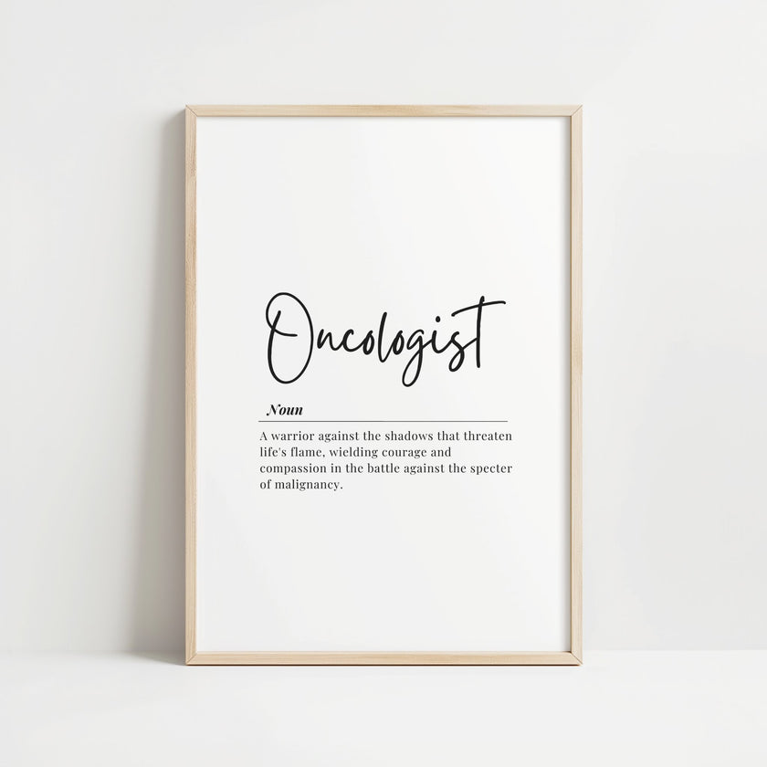 Modern black typography on white background defining 'Oncologist' with inspirational text about courage and compassion, presented in an elegant minimalist style with ample white space and clean lines.