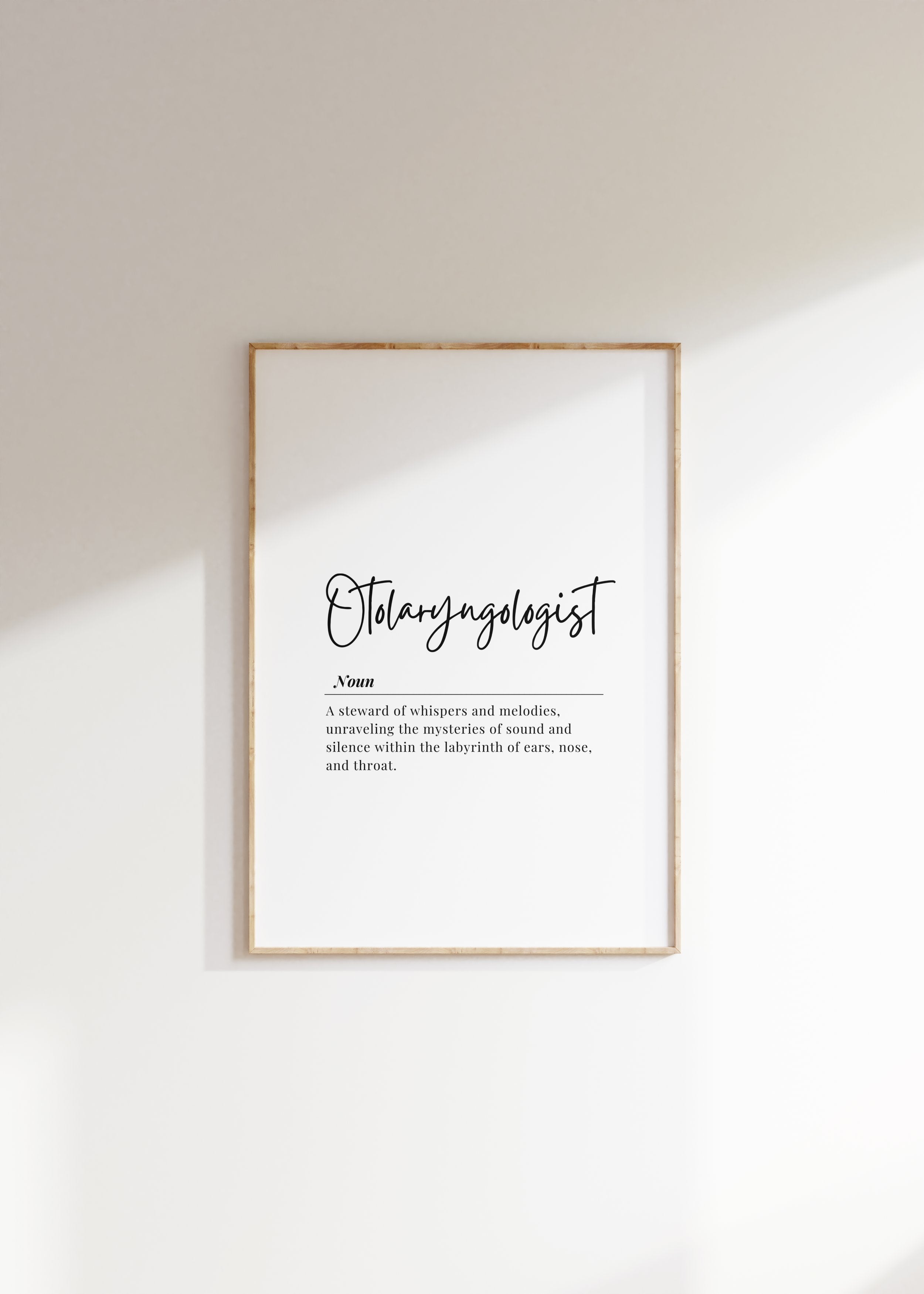 Minimalist black and white typography print featuring 'Otolaryngologist' in elegant script with professional serif definition text, perfect for ENT medical offices seeking sophisticated wall decor.
