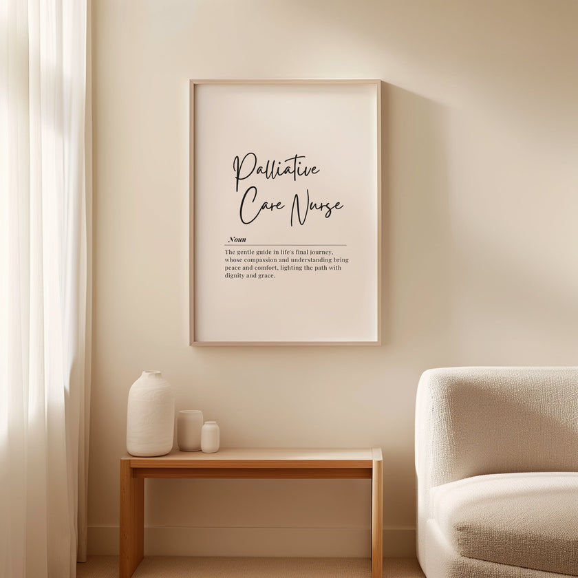 Minimalist black and white typography art displaying 'Palliative Care Nurse' definition in elegant script and serif fonts, framed with clean lines, conveying compassion and dignity in a professional healthcare context.