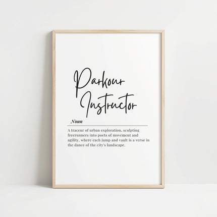 Minimalist black and white typography print featuring 'Parkour Instructor' definition with contrasting fonts on clean white background, creating an inspirational urban exploration aesthetic perfect for modern studios.