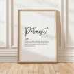Modern black and white typography print featuring the Pathologist definition in elegant script against a clean white background, framed in wood for a professional medical office aesthetic.
