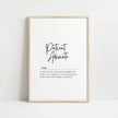 Modern typographic wall art featuring 'Patient Advocate' in bold black script on white background with definition text, creating a professional and empowering healthcare statement piece.