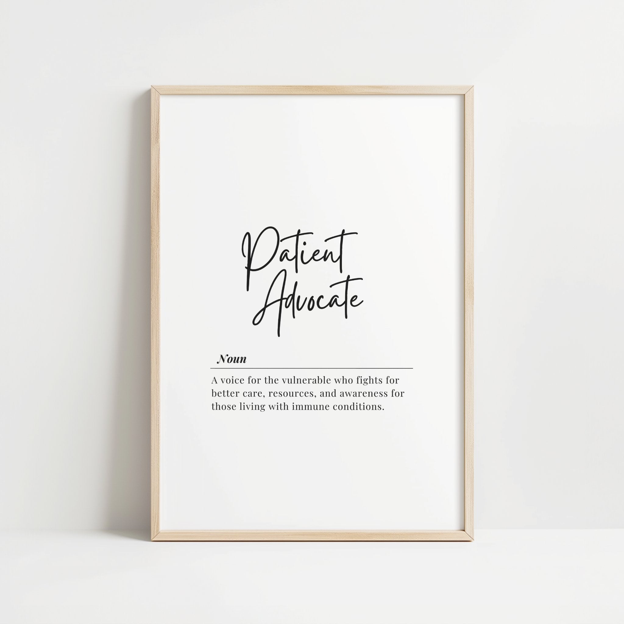 Modern typographic wall art featuring 'Patient Advocate' in bold black script on white background with definition text, creating a professional and empowering healthcare statement piece.