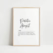 Modern typography print featuring 'Pediatric Allergist' in elegant black script on white background with a professional definition, framed in natural wood for clinical spaces.