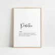 Minimalist black and white calligraphy print featuring 'Pediatric' in bold script with definition text in smaller serif font, creating a professional yet warm atmosphere against a clean white background.
