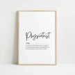 Modern typography print featuring 'Physiatrist' in bold black script against white background with elegant definition text, creating a professional atmosphere perfect for medical offices and therapy spaces.