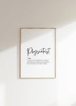 Modern typography print featuring 'Physiatrist' in bold black script against white background with elegant definition text, creating a professional atmosphere perfect for medical offices and therapy spaces.