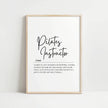 Modern black and white typography print defining 'Pilates Instructor' in elegant script font against crisp white background, conveying core strength and mindfulness with balanced composition and inspirational text.