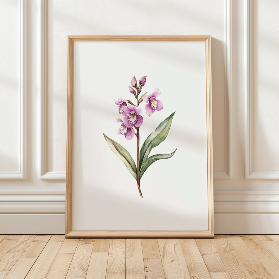 Delicate lavender and sage green orchids rendered in watercolor against a white background, framed in rustic wood, creating a tranquil botanical statement piece for serene spaces.