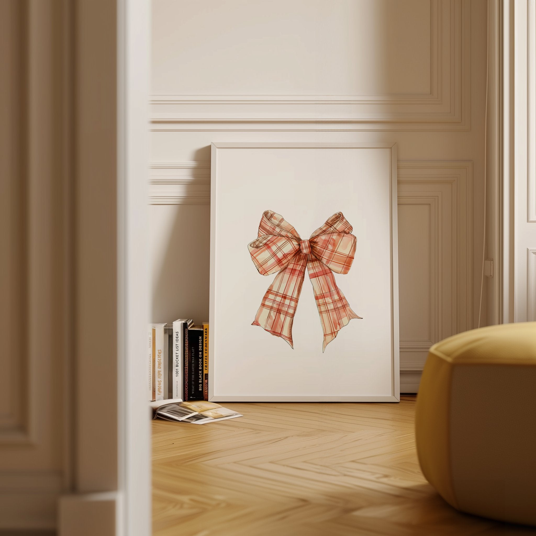 Vintage plaid bow in warm terracotta and cream tones against a white background, featuring intricate pattern detail with rustic charm perfect for farmhouse-inspired spaces.