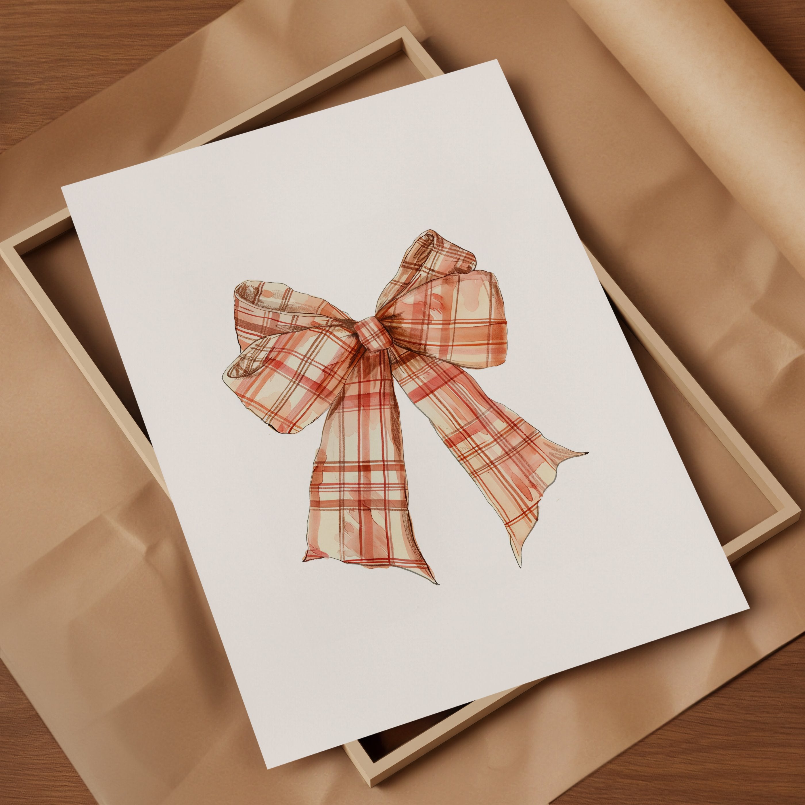 Vintage plaid bow in warm terracotta and cream tones against a white background, featuring intricate pattern detail with rustic charm perfect for farmhouse-inspired spaces.