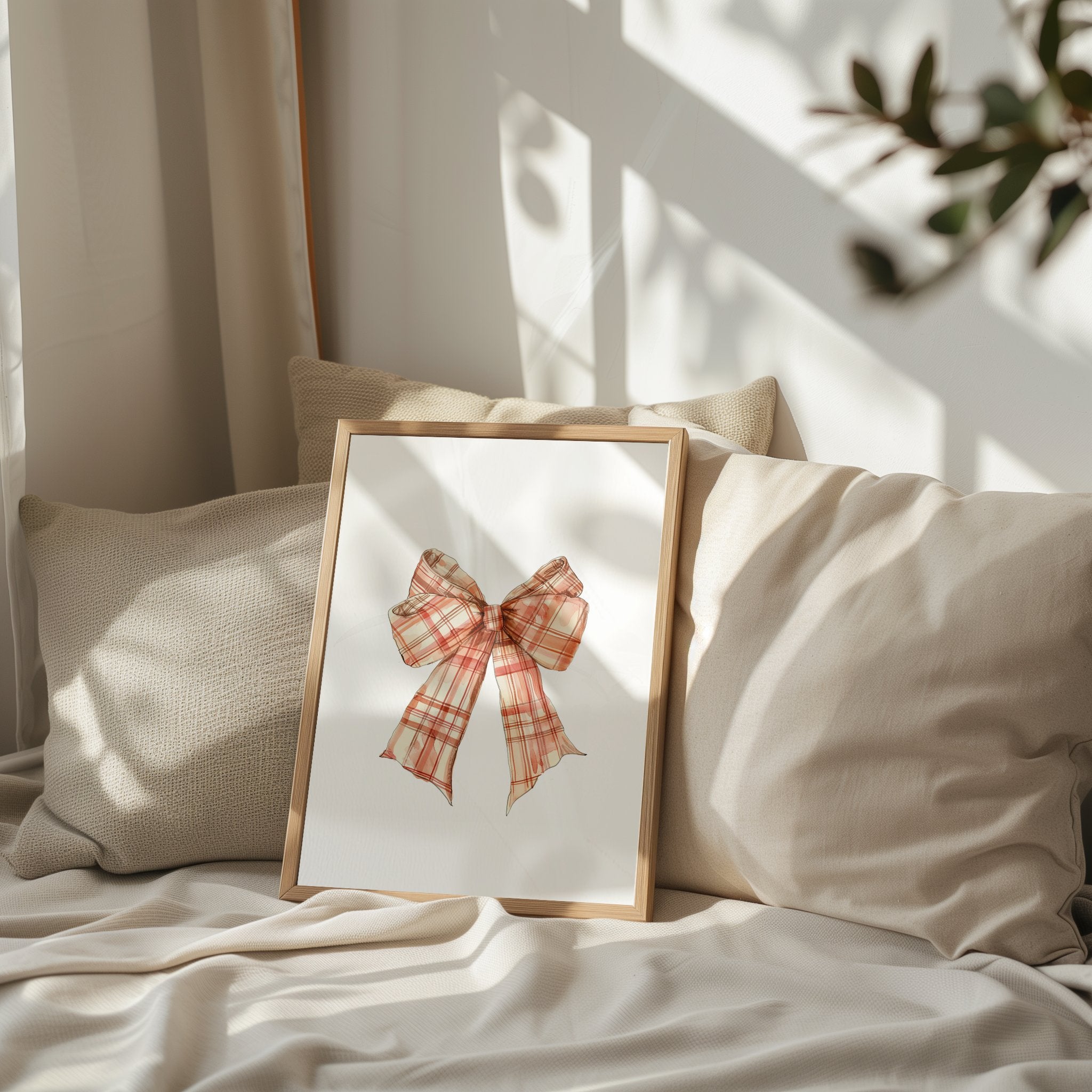 Vintage plaid bow in warm terracotta and cream tones against a white background, featuring intricate pattern detail with rustic charm perfect for farmhouse-inspired spaces.