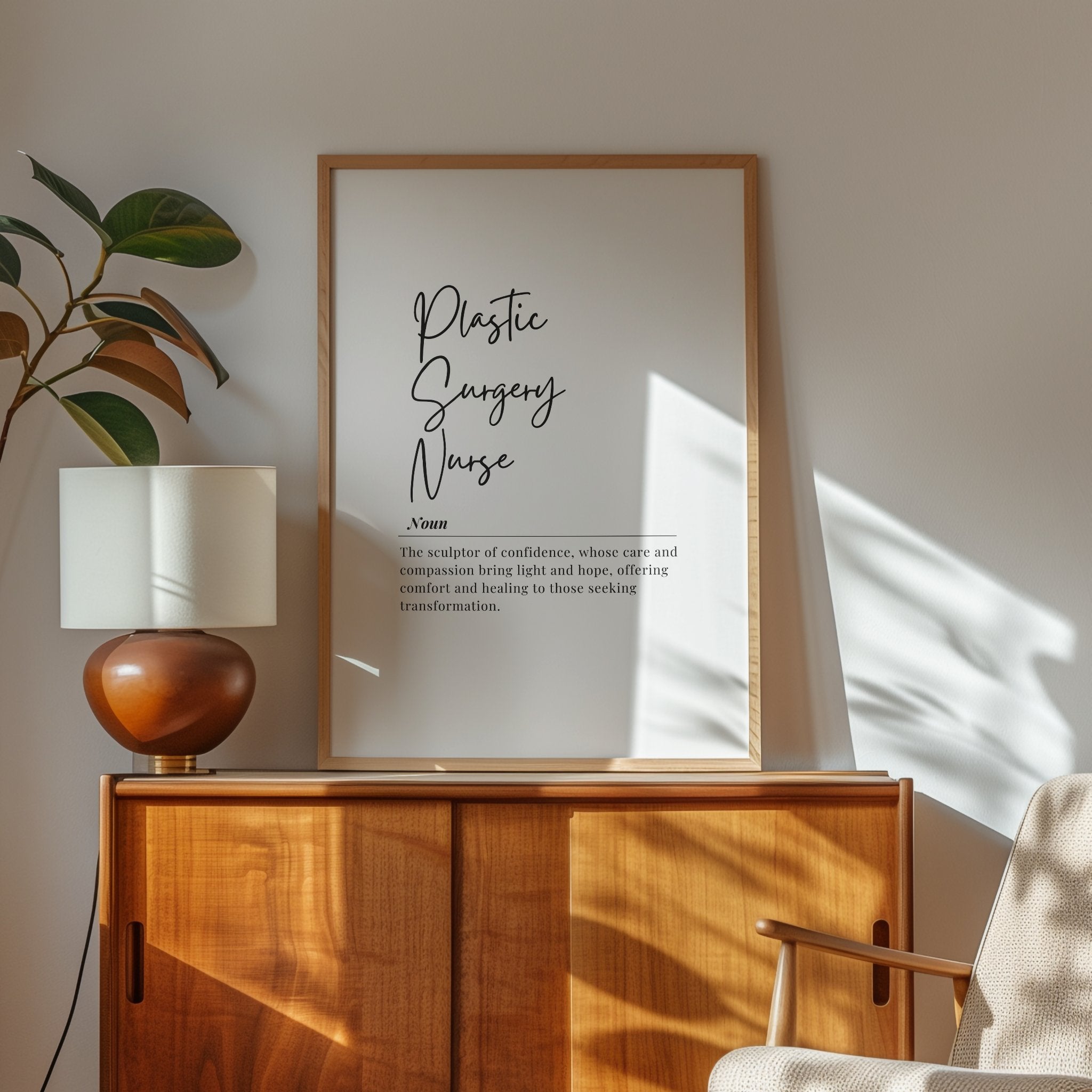 Black and white minimalist typography print featuring 'Plastic Surgery Nurse' in elegant script, with an inspirational definition in serif font against a clean white background.