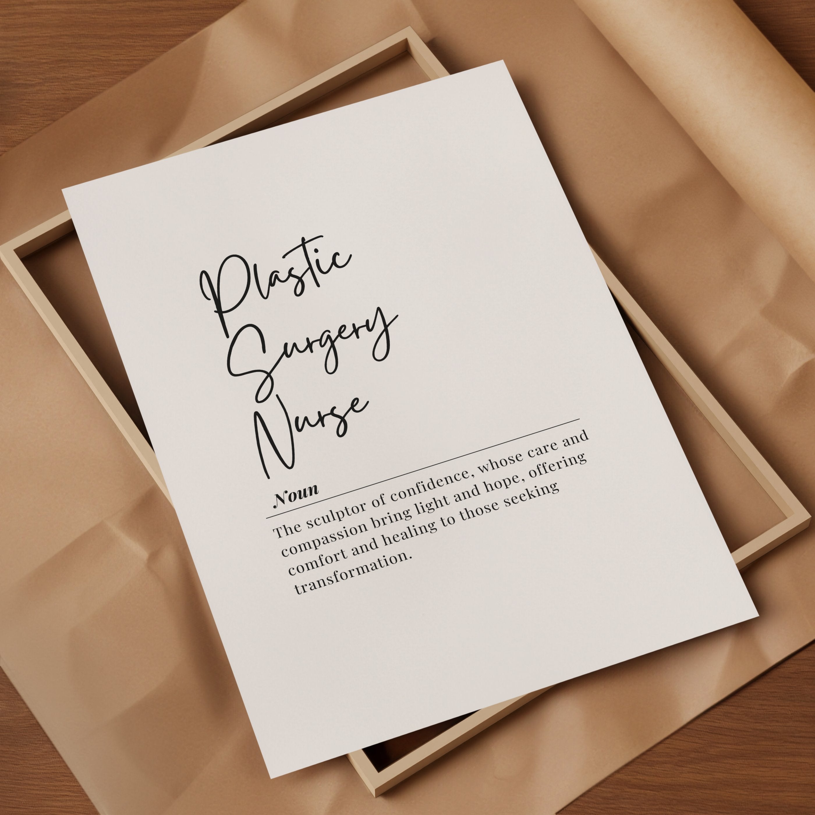 Black and white minimalist typography print featuring 'Plastic Surgery Nurse' in elegant script, with an inspirational definition in serif font against a clean white background.