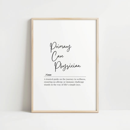 Minimalist typography print featuring primary care physician definition in charcoal gray on white background, combining bold serif and sans-serif text for professional medical office decor.