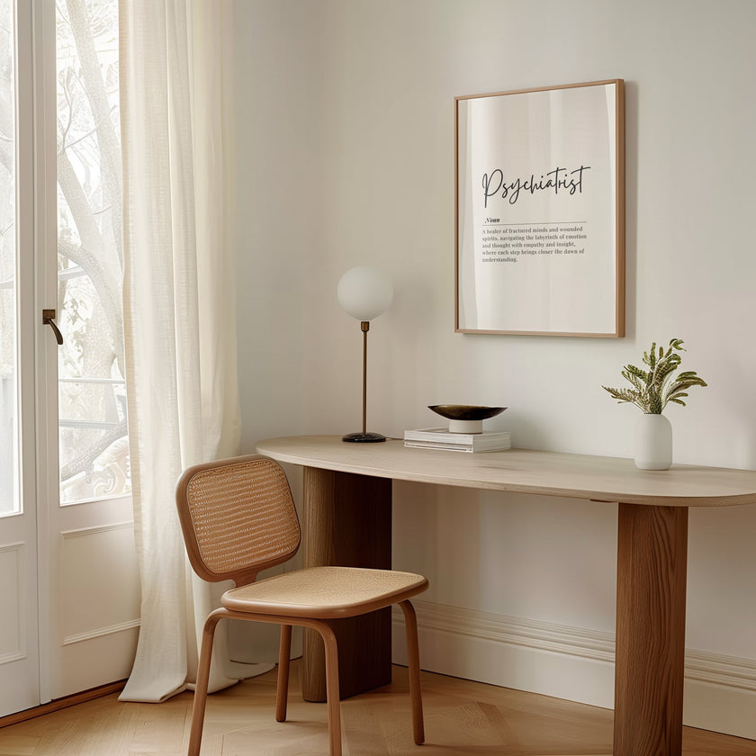 Modern typographic art featuring 'Psychiatrist' in bold serif font against a white background, with an inspirational definition in light sans-serif text, framed in natural wood.