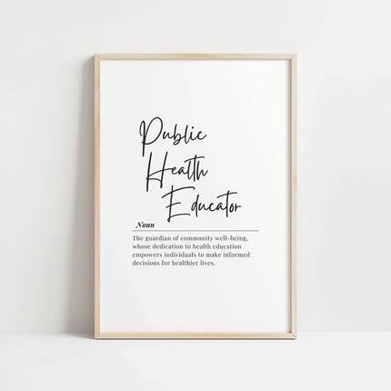 Minimalist typographic design featuring 'Public Health Educator' in bold black script against white background, with a formal serif definition emphasizing community well-being and informed health decisions.