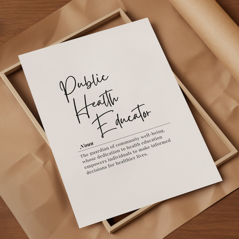 Minimalist typographic design featuring 'Public Health Educator' in bold black script against white background, with a formal serif definition emphasizing community well-being and informed health decisions.