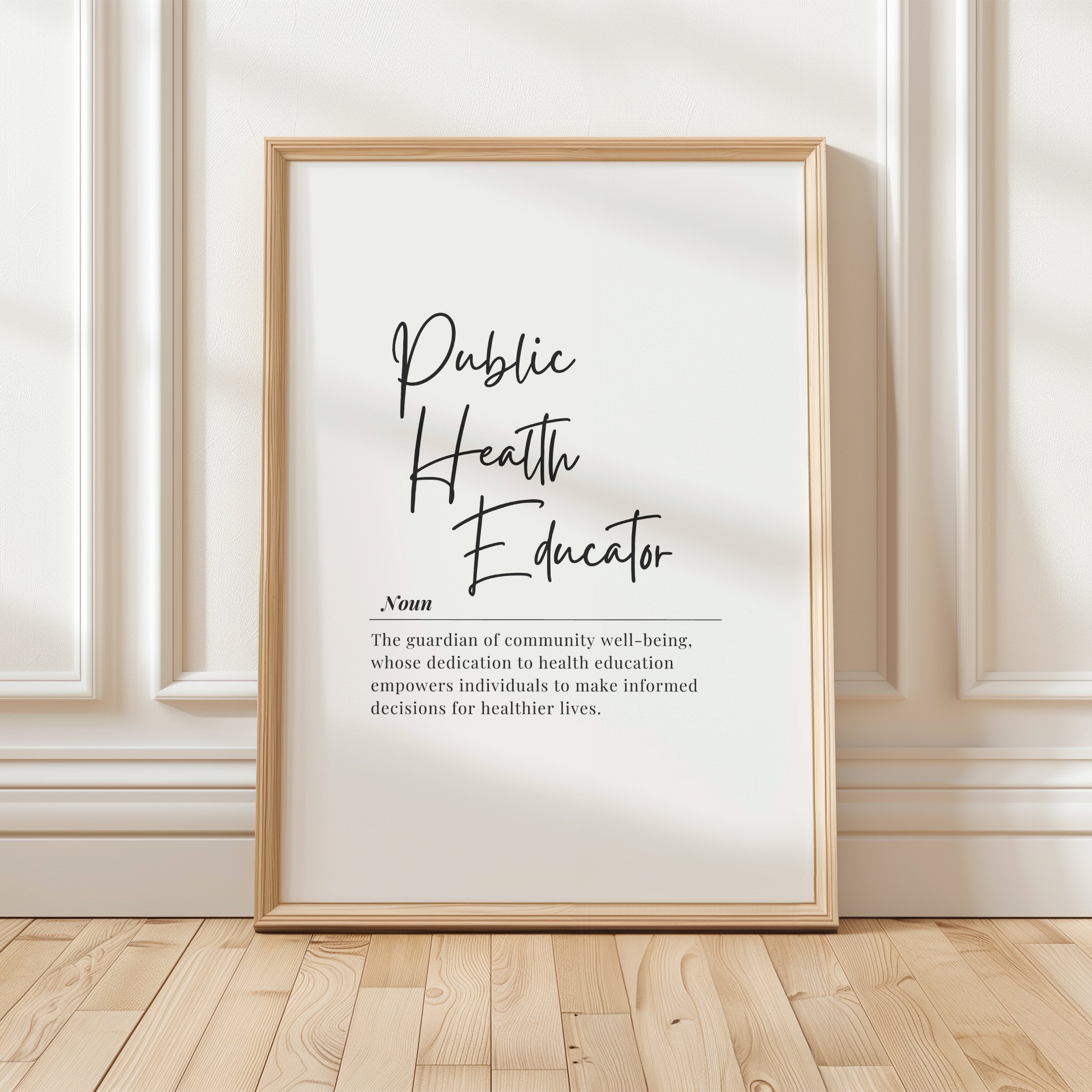 Minimalist typographic design featuring 'Public Health Educator' in bold black script against white background, with a formal serif definition emphasizing community well-being and informed health decisions.