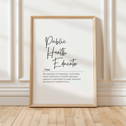 Minimalist typographic design featuring 'Public Health Educator' in bold black script against white background, with a formal serif definition emphasizing community well-being and informed health decisions.