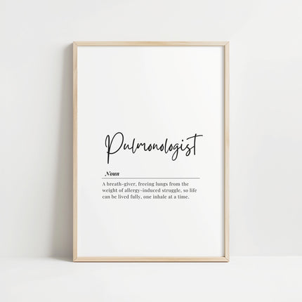 Black script font 'Pulmonologist' on white background with definition text below, featuring minimalist design ideal for medical office decor with ample white space.