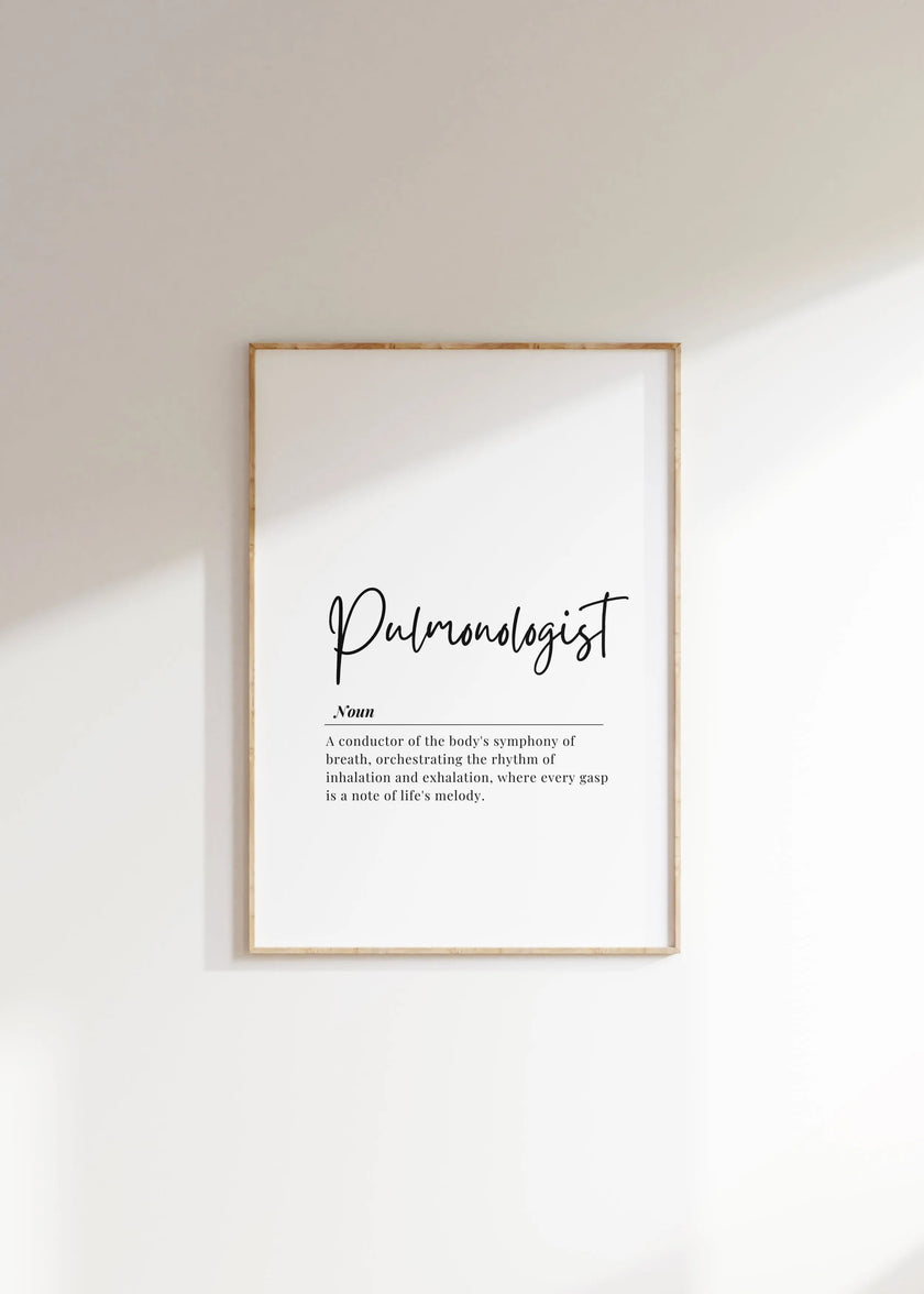 Clean, minimalist pulmonologist definition print with modern typography on neutral background, perfect for professional medical office spaces and healthcare settings.