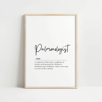 Clean, minimalist pulmonologist definition print with modern typography on neutral background, perfect for professional medical office spaces and healthcare settings.