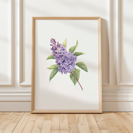 Delicate watercolor illustration of purple lilacs with sage green leaves on white background, creating a serene botanical composition with balanced, calming visual appeal in a natural wood frame.