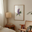 Delicate watercolor lilac flower in lavender and sage green tones against white background, with intricate botanical detailing and balanced composition creating a serene, peaceful atmosphere.