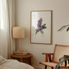Delicate watercolor lilac flower in lavender and sage green tones against white background, with intricate botanical detailing and balanced composition creating a serene, peaceful atmosphere.