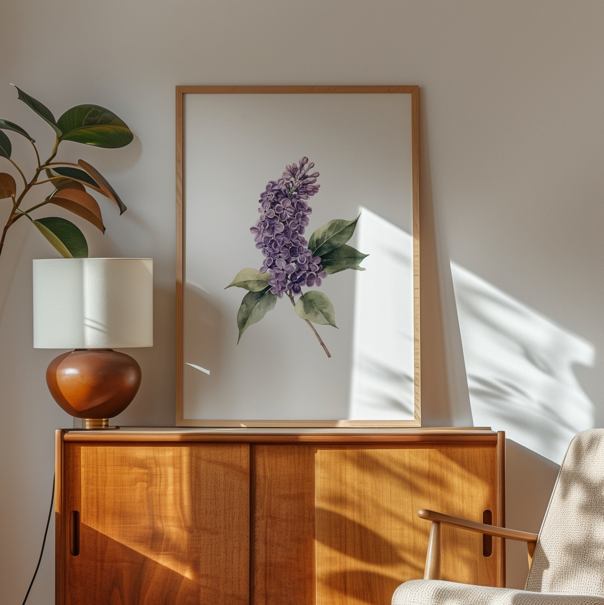 Delicate watercolor lilac flower in lavender and sage green tones against white background, with intricate botanical detailing and balanced composition creating a serene, peaceful atmosphere.