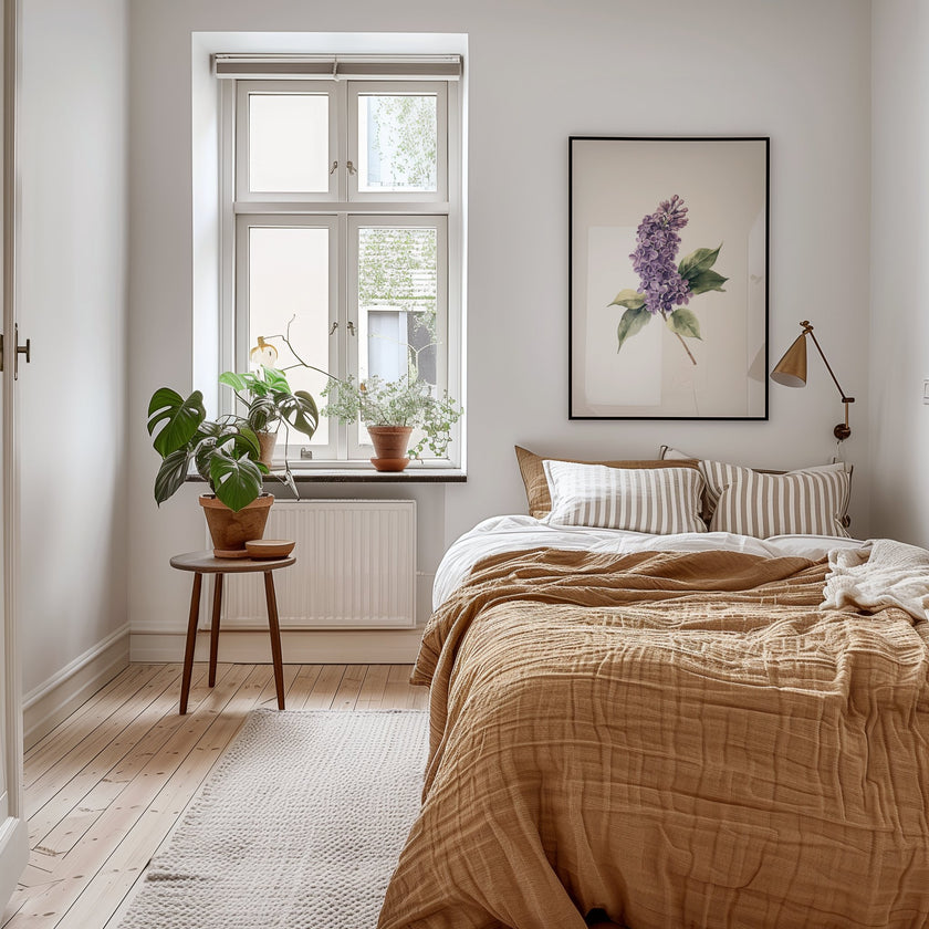 Delicate watercolor lilac flower in lavender and sage green tones against white background, with intricate botanical detailing and balanced composition creating a serene, peaceful atmosphere.