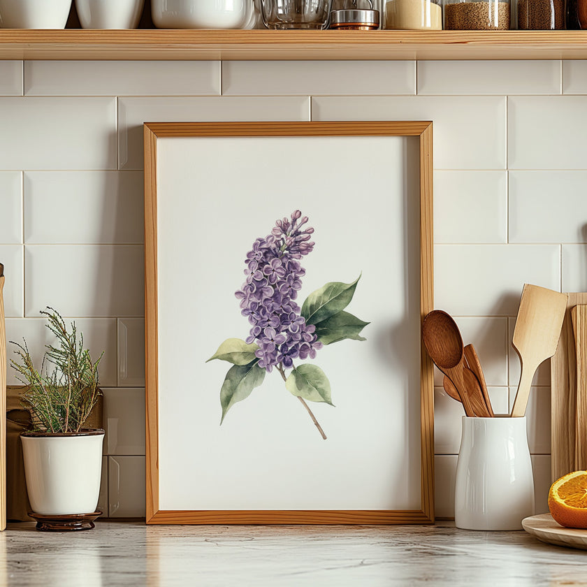 Delicate watercolor lilac flower in lavender and sage green tones against white background, with intricate botanical detailing and balanced composition creating a serene, peaceful atmosphere.