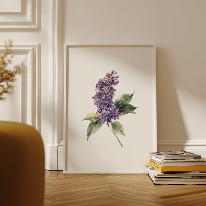 Delicate watercolor lilac flower in lavender and sage green tones against white background, with intricate botanical detailing and balanced composition creating a serene, peaceful atmosphere.