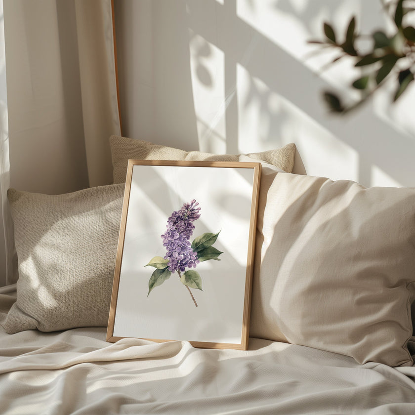 Delicate watercolor lilac flower in lavender and sage green tones against white background, with intricate botanical detailing and balanced composition creating a serene, peaceful atmosphere.
