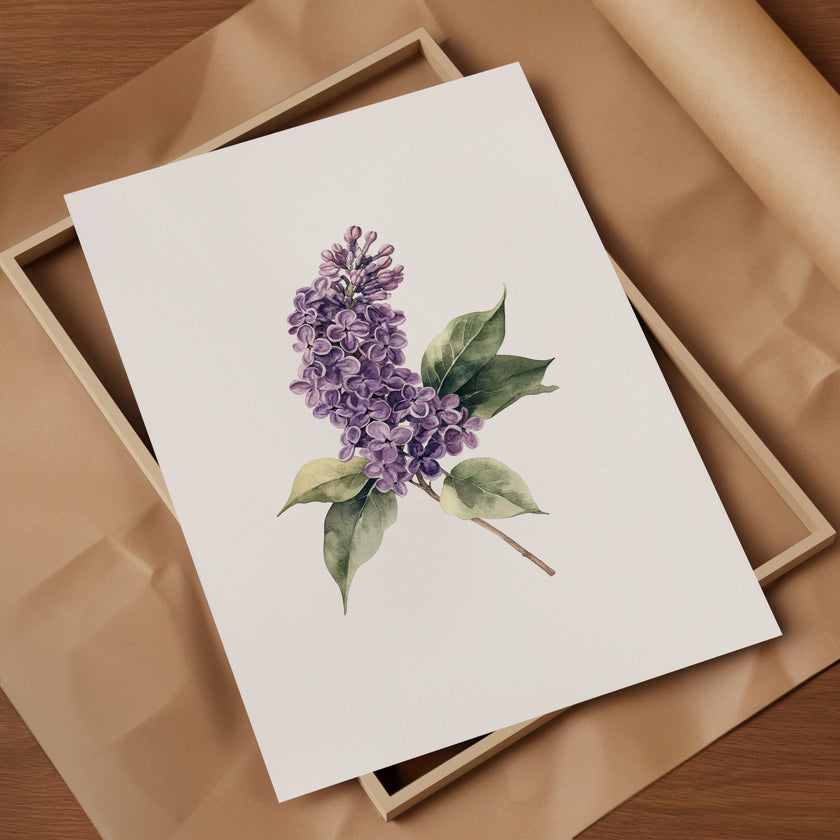 Delicate watercolor lilac flower in lavender and sage green tones against white background, with intricate botanical detailing and balanced composition creating a serene, peaceful atmosphere.