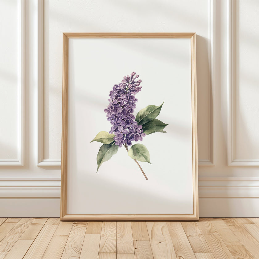 Delicate watercolor lilac flower in lavender and sage green tones against white background, with intricate botanical detailing and balanced composition creating a serene, peaceful atmosphere.